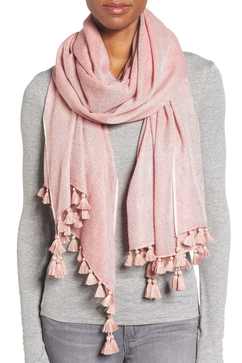 Tassel Trim Wool & Silk Scarf, Main, color, CINNABAR