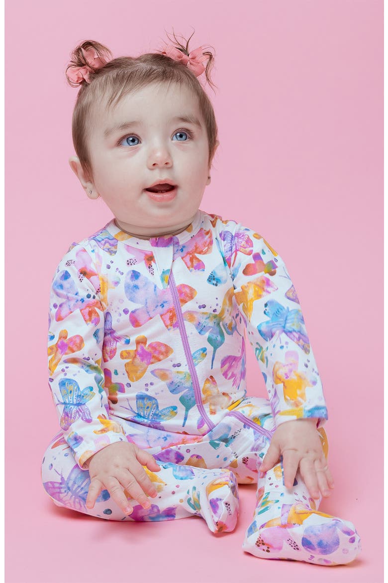 Organic Cotton Zip Footie in Butterflies, Alternate, color, WHITE/ PURPLE