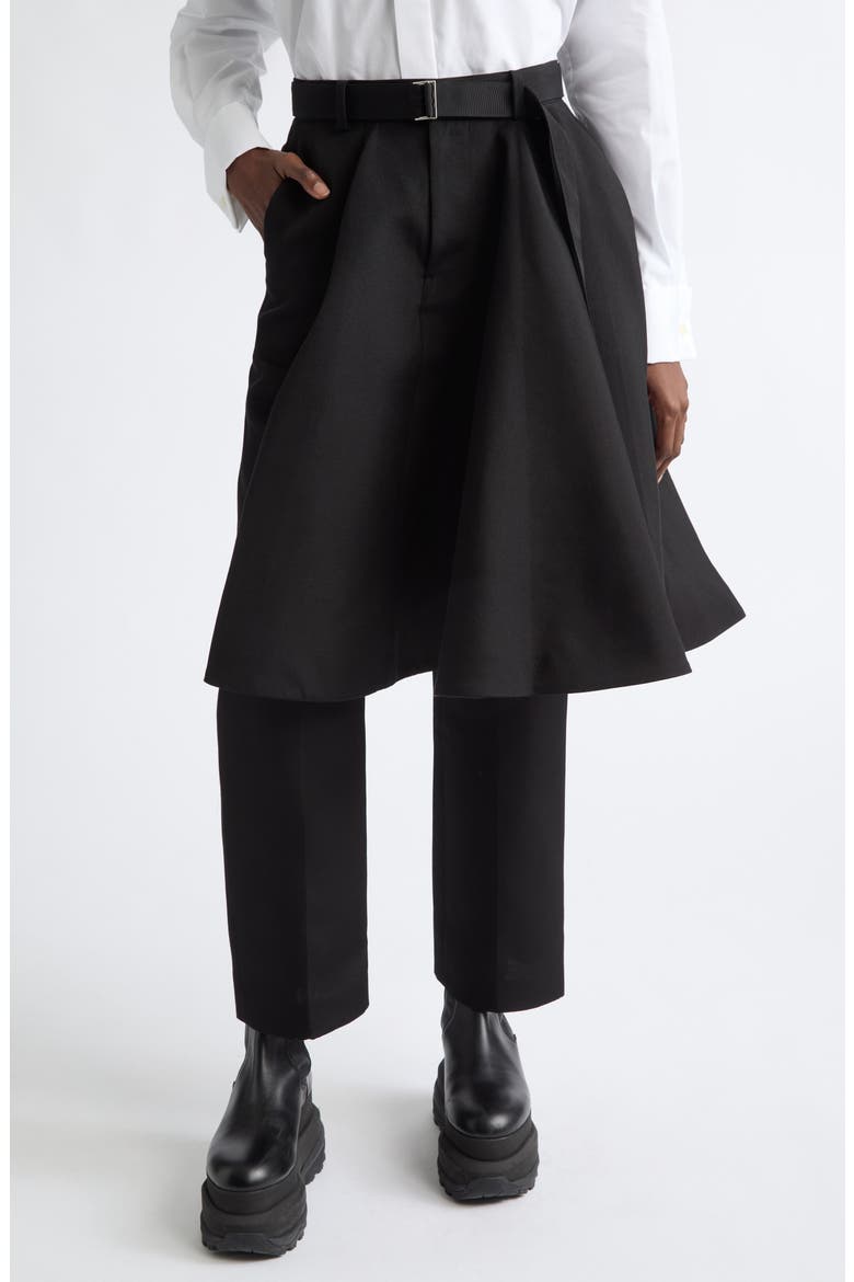 Belted Double-Faced Silk & Cotton Skirted Pants, Main, color, BLACK