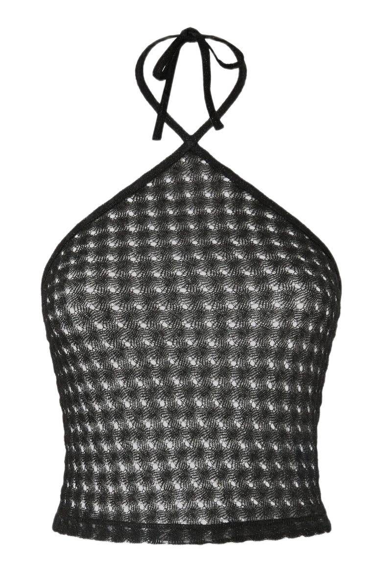 Top In Lamé Viscose With Raschel Workmanship And Halter Neckline, Alternate, color, Black