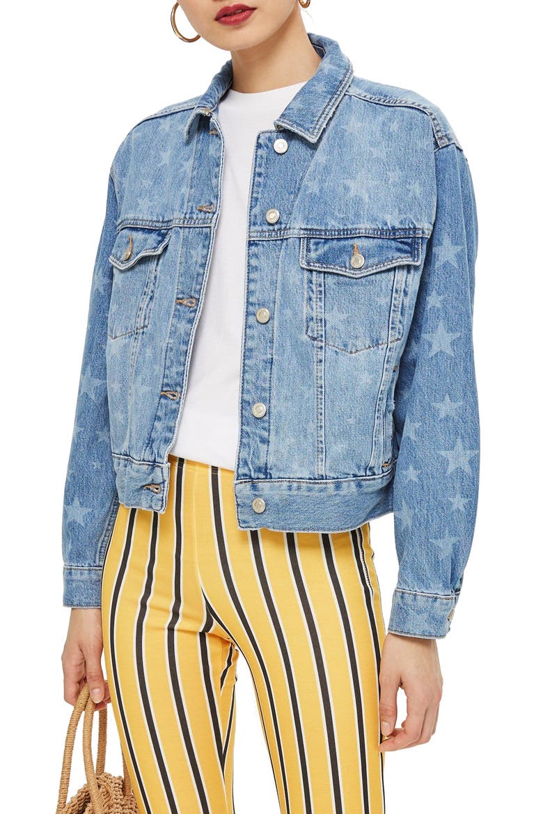 MOTO Laser Star Print Boxy Denim Jacket, Main, color, MID DENIM MULTI