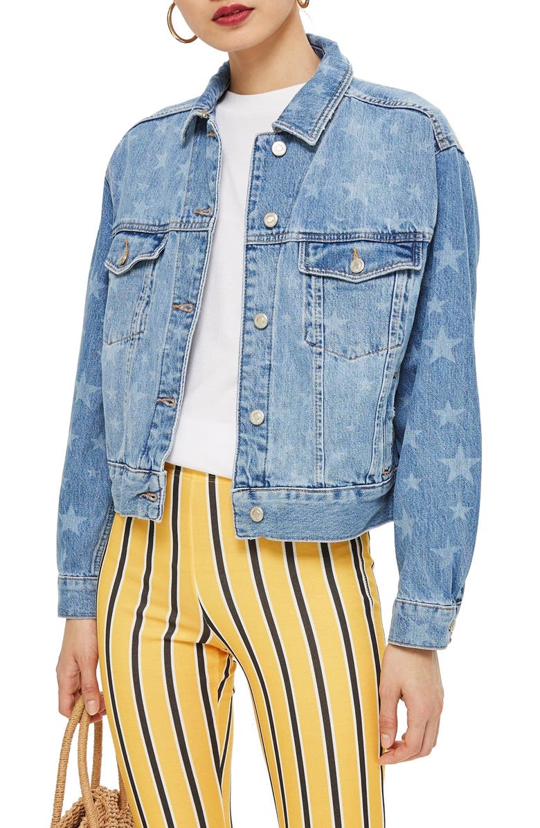 Topshop MOTO Laser Star Print Boxy Denim Jacket, Main, color, 