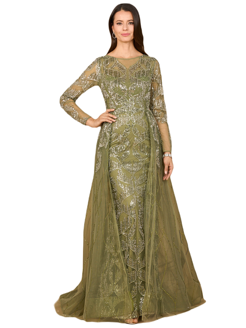 Lara New York Long Sleeve Gown With Overskirt & High Neck In Green