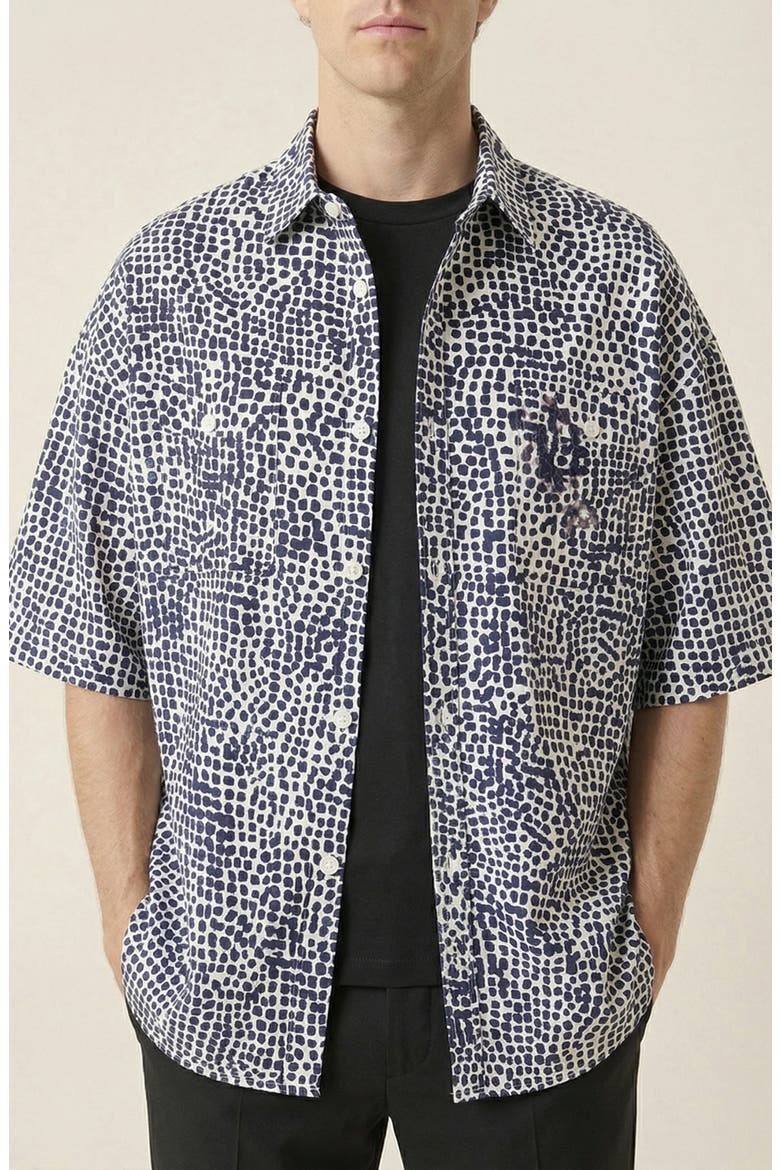Printed Short Sleeve Chest Pocket Shirt, Alternate, color, Navy / Off-White