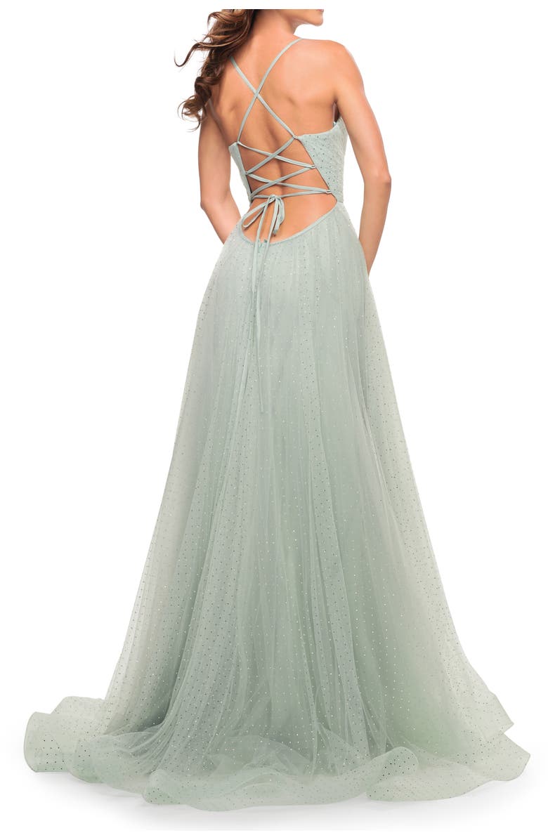 La Femme Rhinestone Tulle Ballgown with Slit and Lace Up Back, Alternate, color, Sage