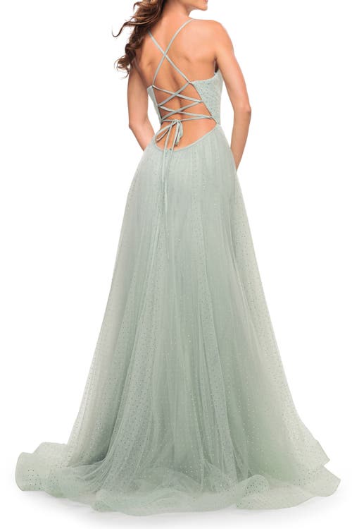 La Femme Rhinestone Tulle Ballgown With Slit And Lace Up Back In Sage