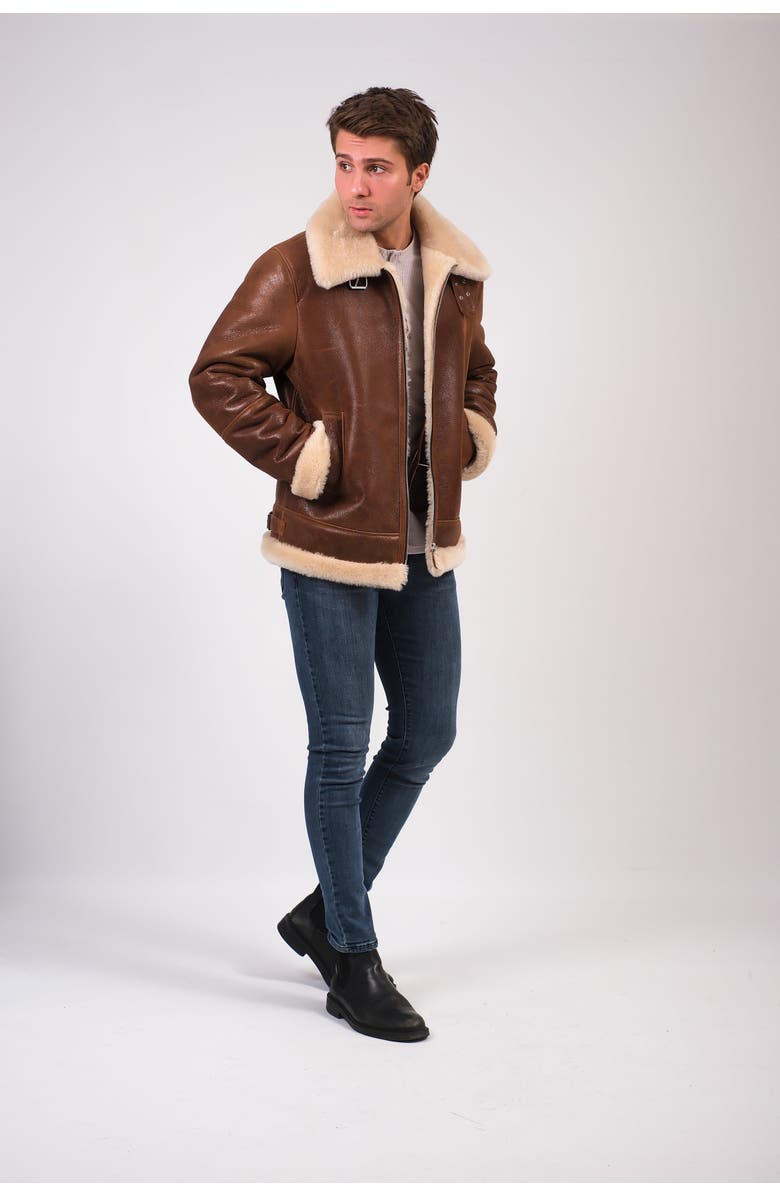 Furniq UK Rupert Textured Leather Shearling Aviator Jacket, Alternate, color, Brown