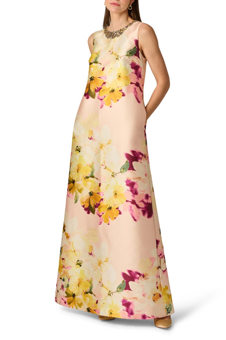 Beaded Print Mikado Gown, Main, color, GOLD MULTI