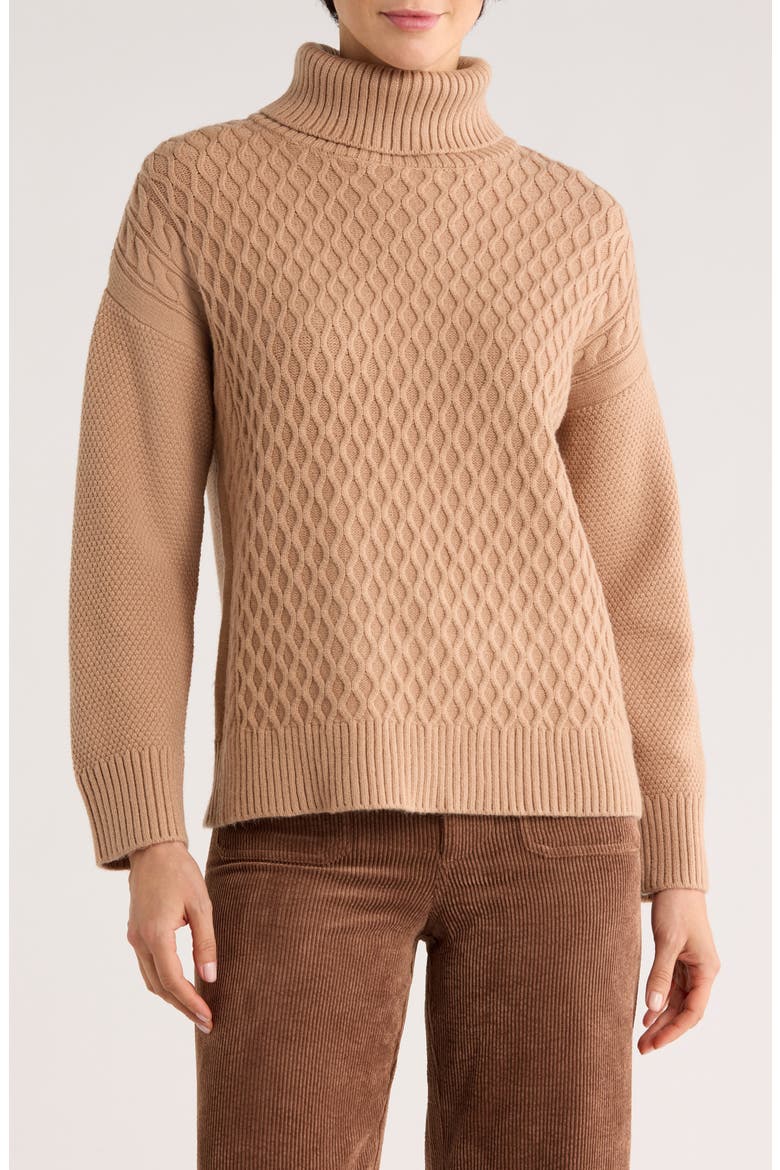 Mixed Cable Knit Turtleneck Sweater, Main, color, CAMEL BEIGE