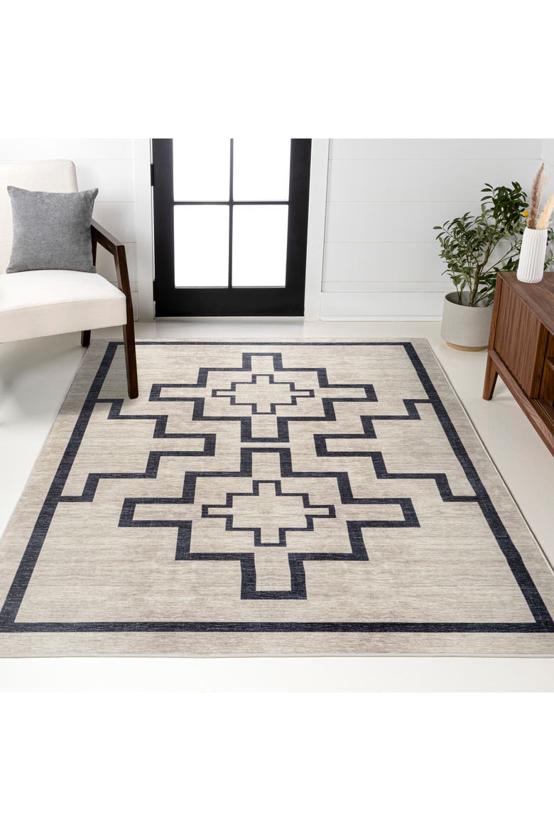 Ashkii Minimalist Medallion Machine-Washable Area Rug, Alternate, color, Ivory/Dark Gray