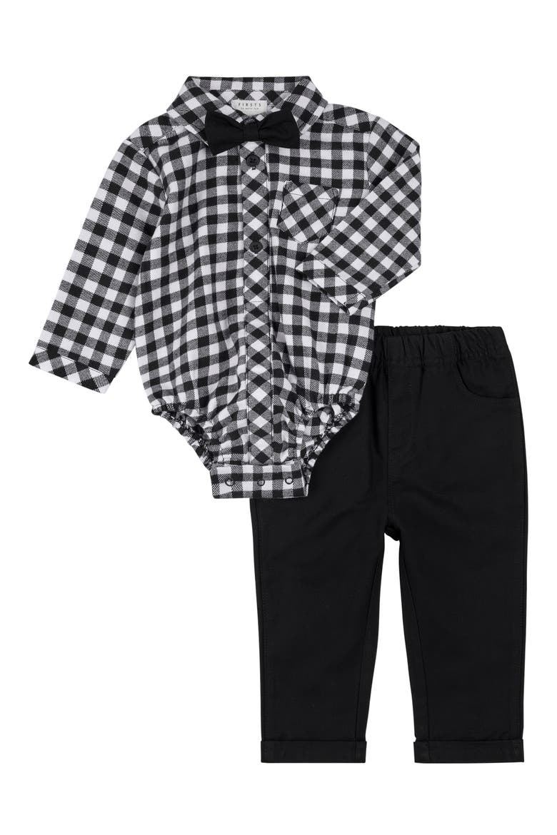 3-Piece Flannel Bodysuit and Pants Set, Main, color, BLACK