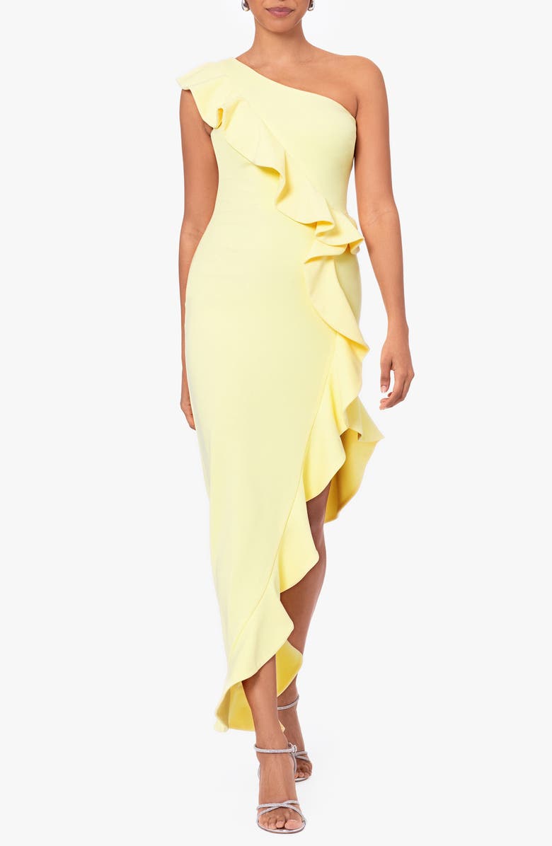 Betsy & Adam Ruffle One-Shoulder Cocktail Dress, Main, color, Lemon