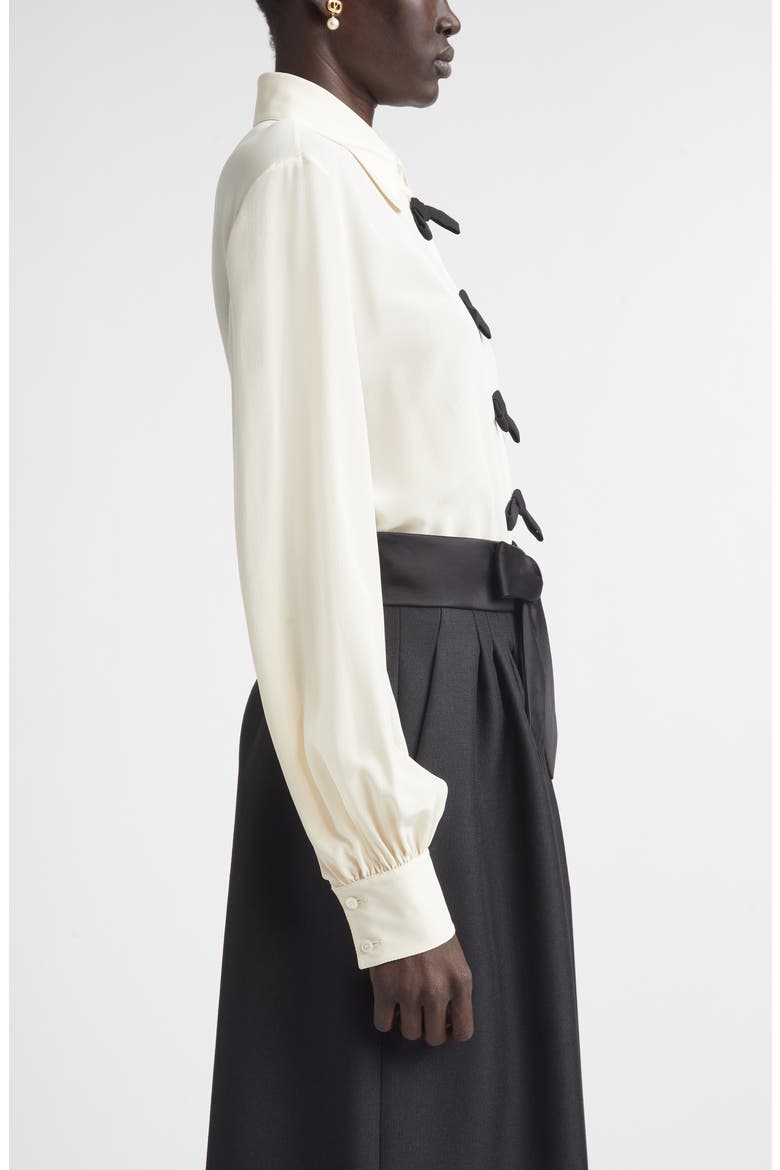 Bow Detail Silk Crêpe de Chine Button-Up Shirt, Alternate, color, VANILLA
