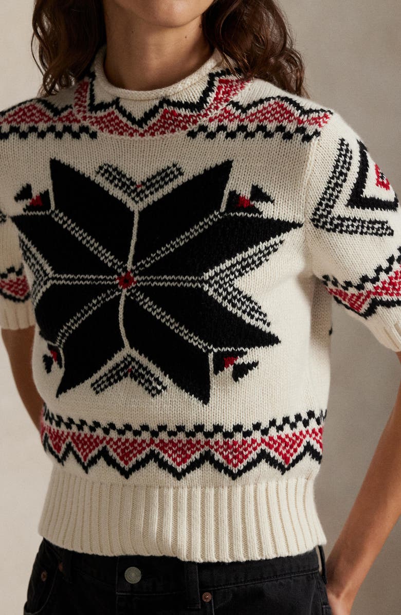 Polo Ralph Lauren Snowflake Mock Neck Short Sleeve Wool, Cotton & Alpaca Sweater, Alternate, color, Authentic Cream Multi