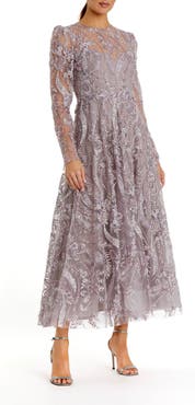 Mac Duggal Women's Floral Embroidered  High Neck Long Sleeve Dress