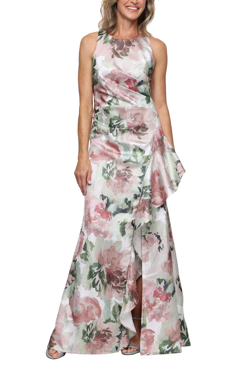 Alex Evenings Metallic Floral Satin Gown, Main, color, 