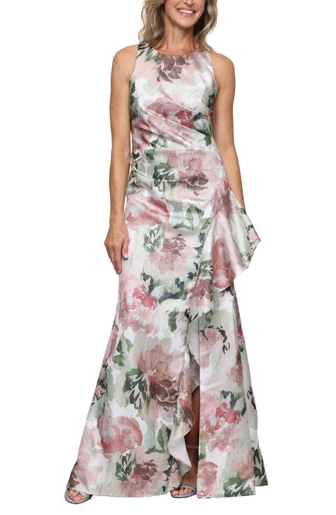 Metallic Floral Satin Gown