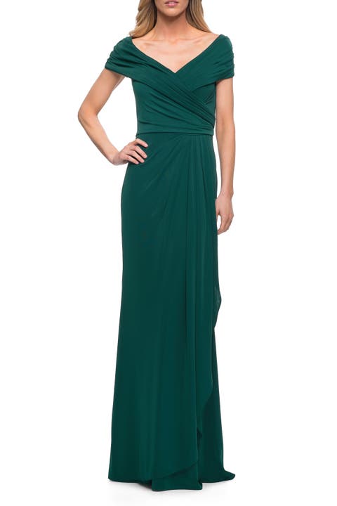Ruched Jersey Long Gown with V-Neckline