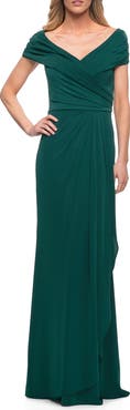 La Femme Ruched Jersey Long Gown with V-Neckline