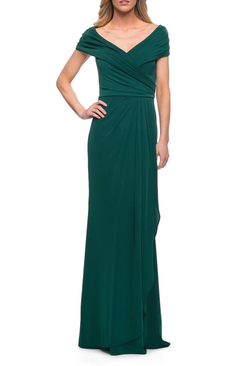 La Femme Ruched Jersey Long Gown With V-neckline In Emerald