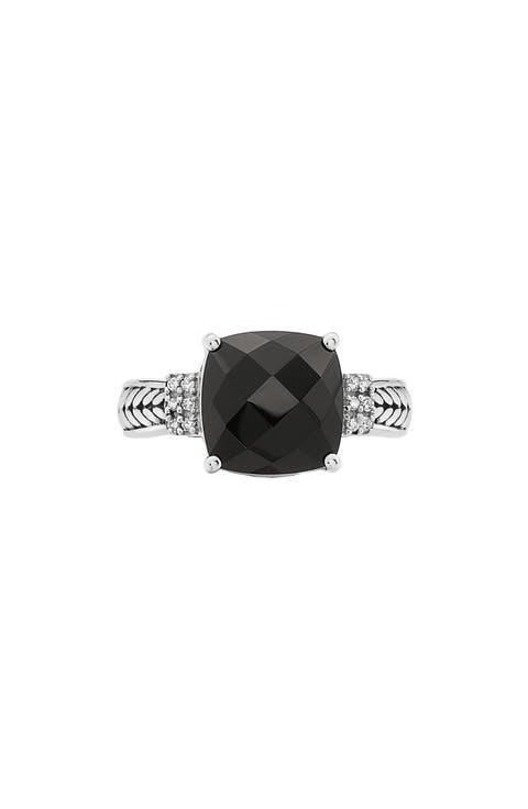 Sterling Silver Onyx & Diamond Accent Ring - 0.06 ctw