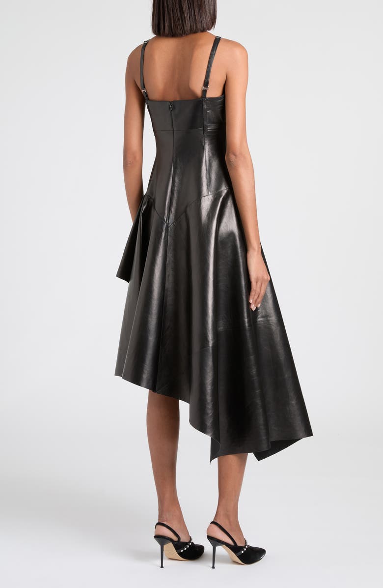 McQueen Asymmetric Draped Leather Dress, Alternate, color, Black