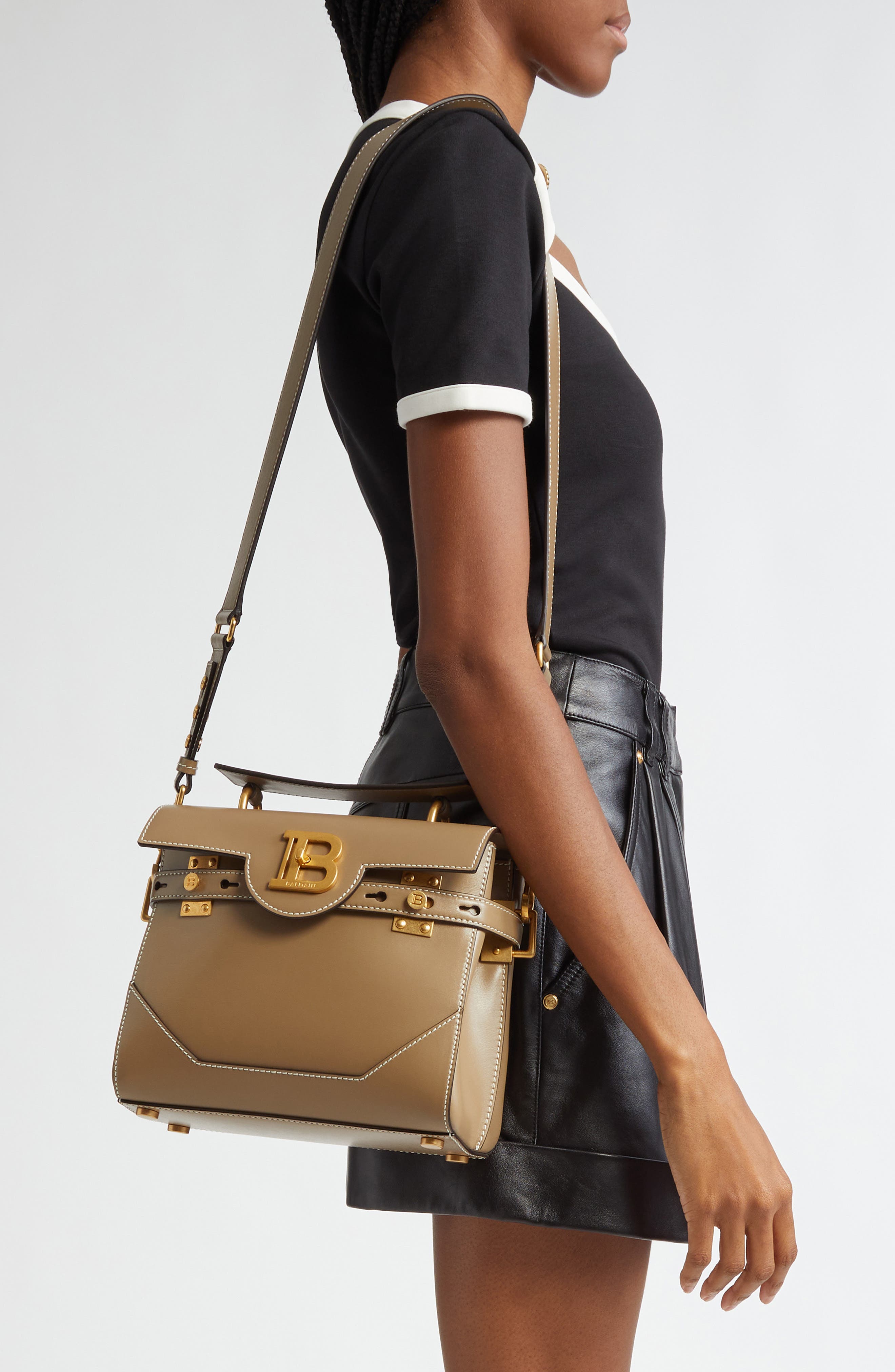 Balmain B-Buzz 23 Leather Top Handle Bag, Alternate, color, 