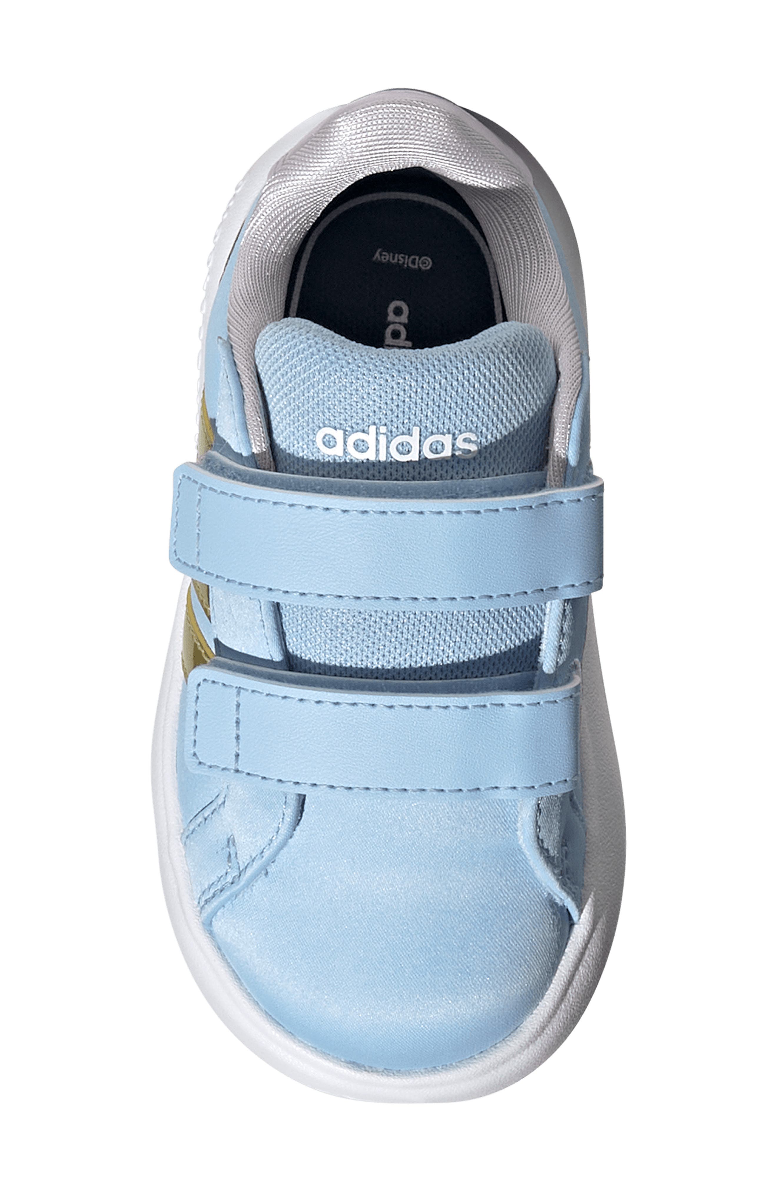adidas x Disney<sup>®</sup> Kids' Grand Court Anna Sneaker, Alternate, color, Glow Blue/ Gold / Lavender