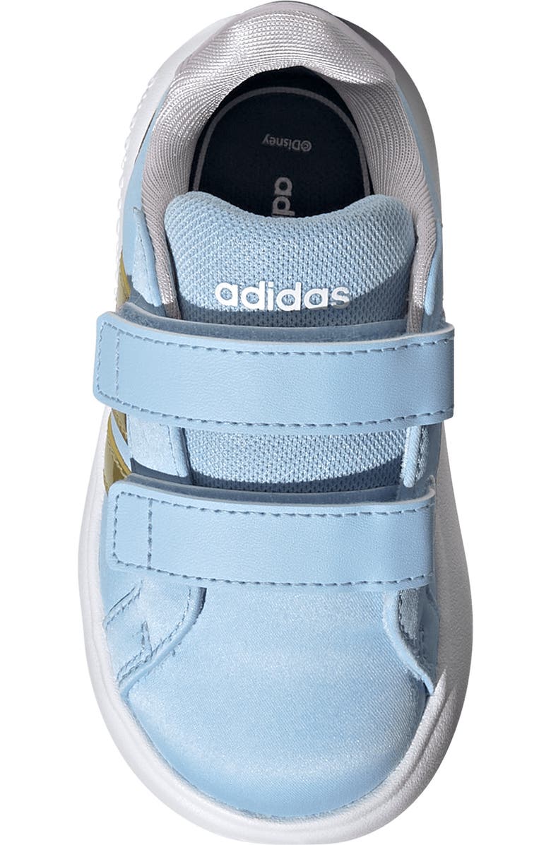 adidas x Disney<sup>®</sup> Kids' Grand Court Anna Sneaker, Alternate, color, Glow Blue/ Gold / Lavender
