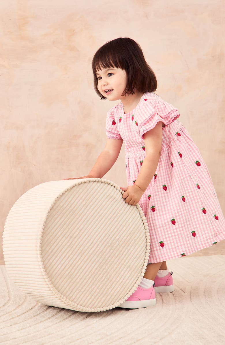 Gingham Check Strawberry Embroidered Cotton Seersucker Dress