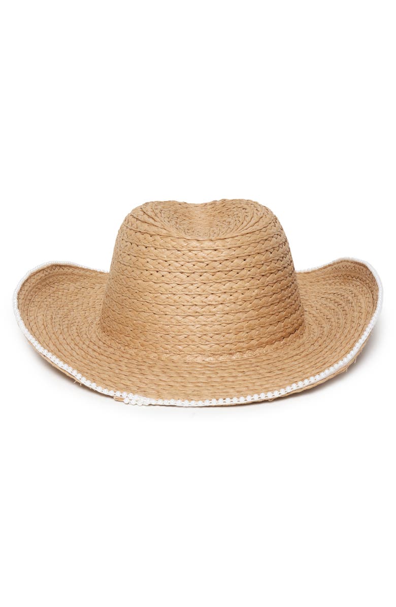 David & Young Faux Pearl Trim Woven Cowboy Hat, Alternate, color, Light Brown