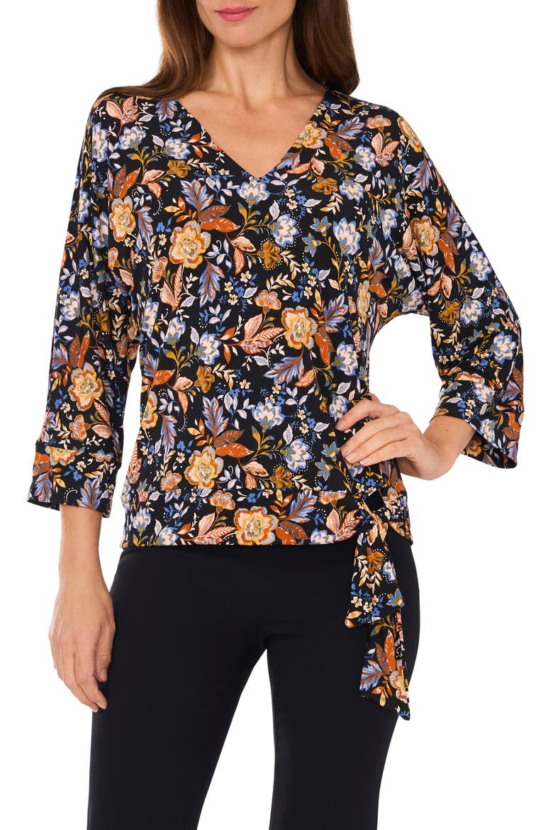 Floral Side Tie Top, Main, color, BLACK/ DENIM/ RUST