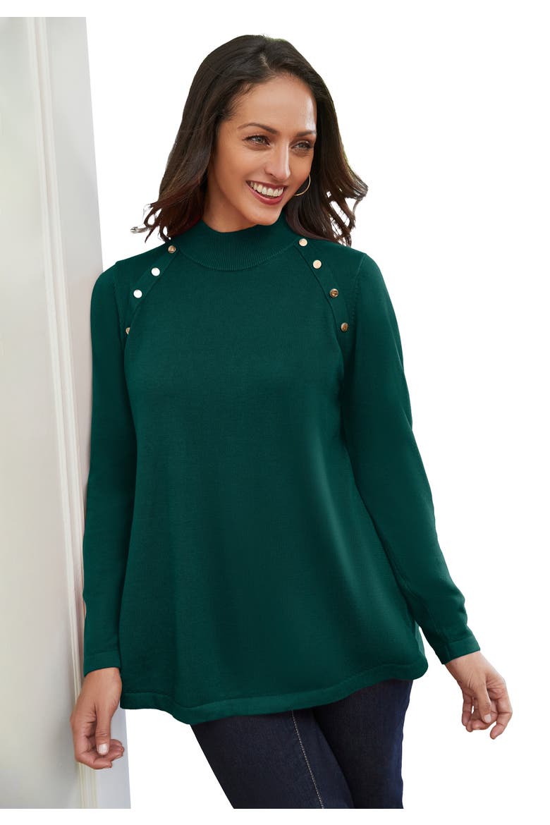 Gold Button Mockneck Sweater, Main, color, EMERALD GREEN