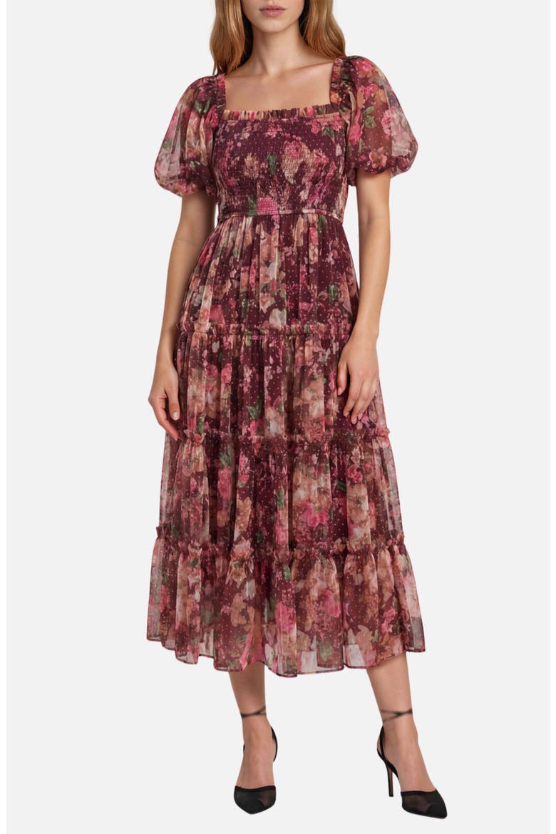 Smocked Floral Midi Dress, Main, color, BURGUNDY MULTI