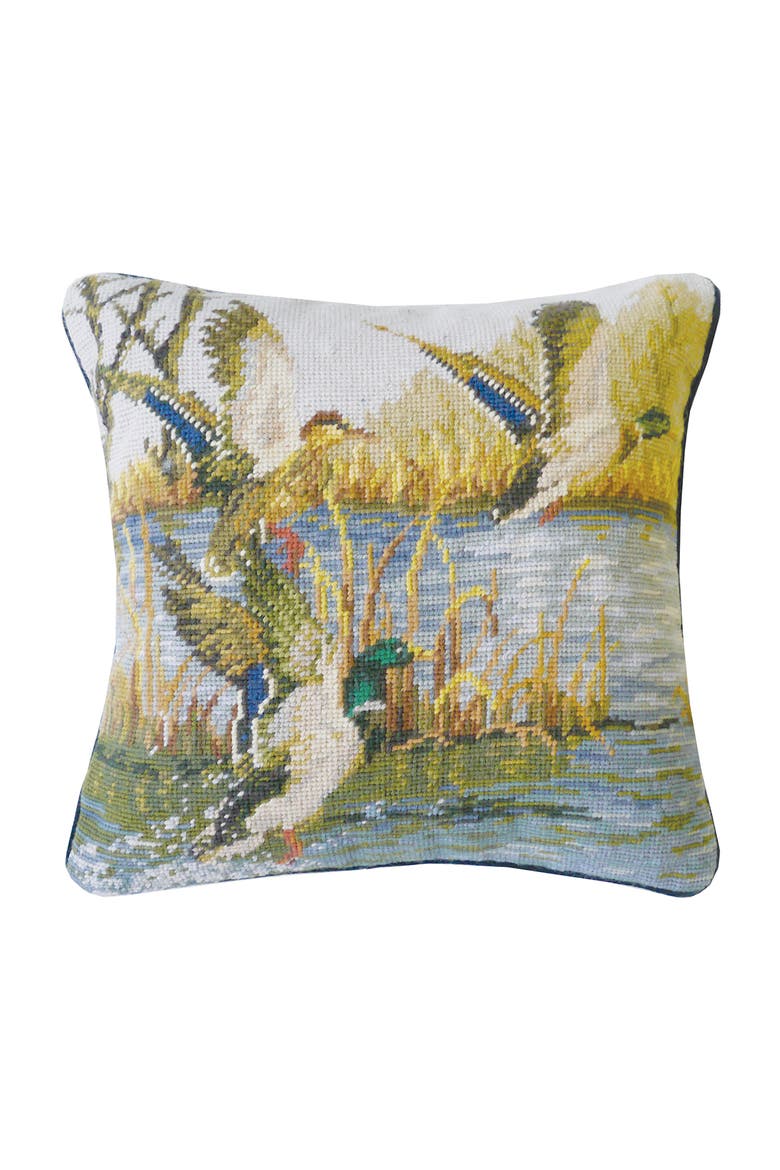 Ducks In Flight Needlepoint Throw Pillow, Main, color, Blue