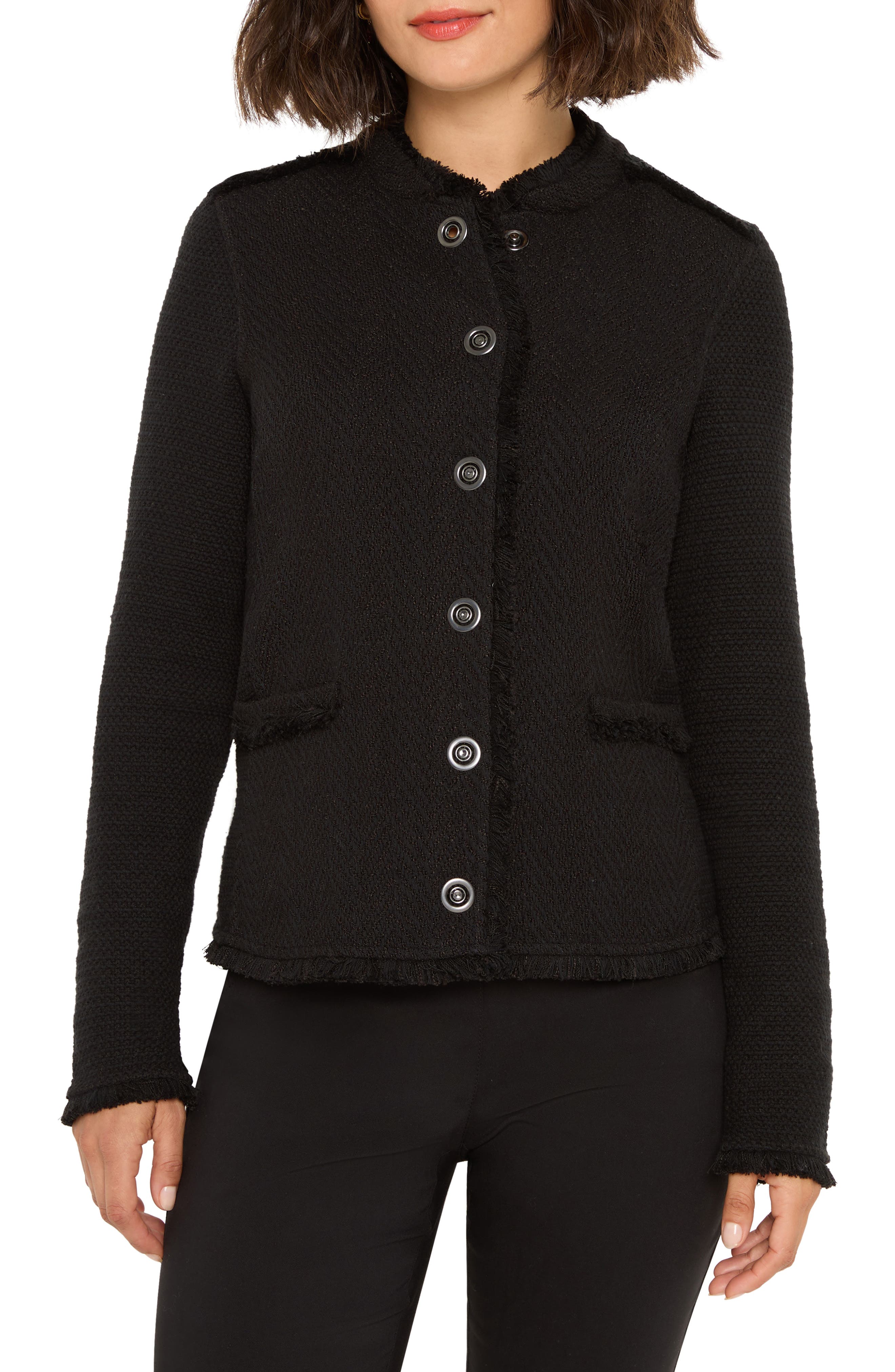 NIC+ZOE Military Fringe Mixed Knit Jacket
