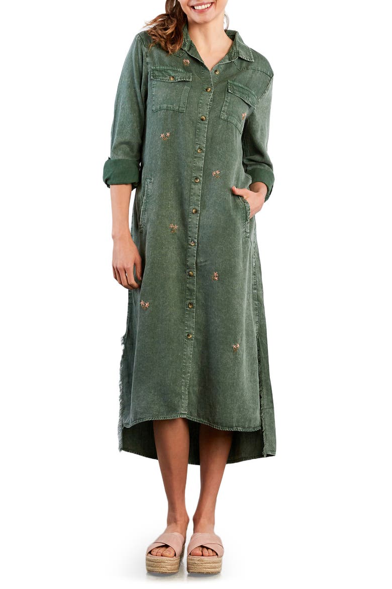 Upstate Floral Embroidered Long Sleeve High-Low Chambray Shirtdress, Main, color, NORTHERN GREEN