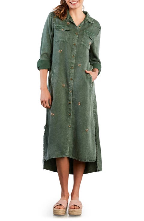 Upstate Floral Embroidered Long Sleeve High-Low Chambray Shirtdress