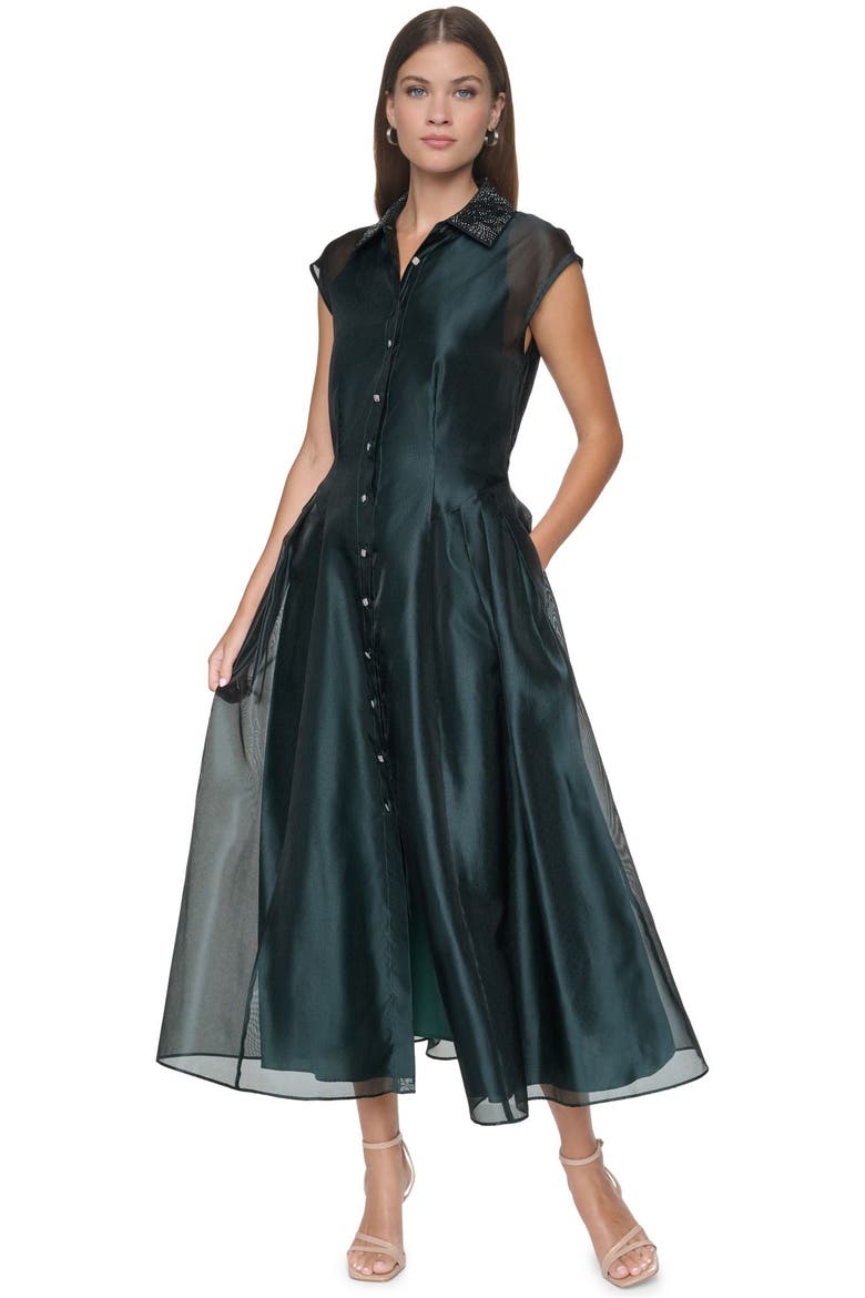 Embellished Organza Midi Shirt Dress, Main, color, Spruce