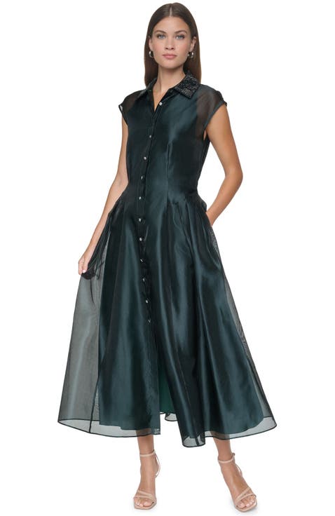 Embellished Organza Midi Shirt Dress