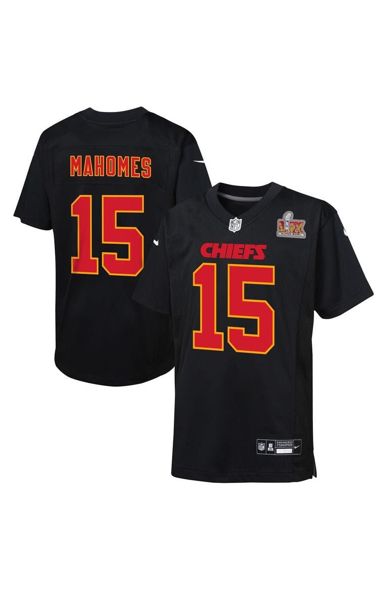 Nike Youth  Nike Patrick Mahomes Carbon Black Kansas City Chiefs Super Bowl LIX Patch Fashion Game Jersey, Main, color, 