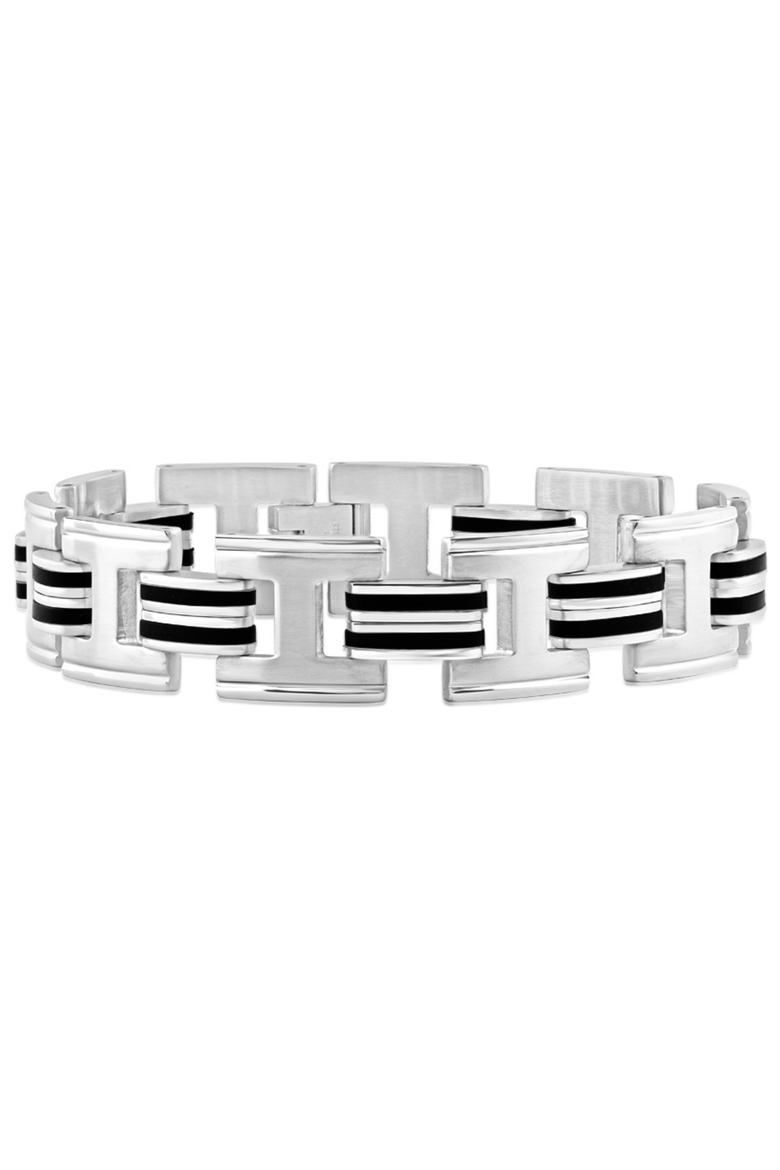 Men's Steel And Black Striped Two Tone 15mm Wide Link Flexible 8" Bracelet, Main, color, Stainless Steel