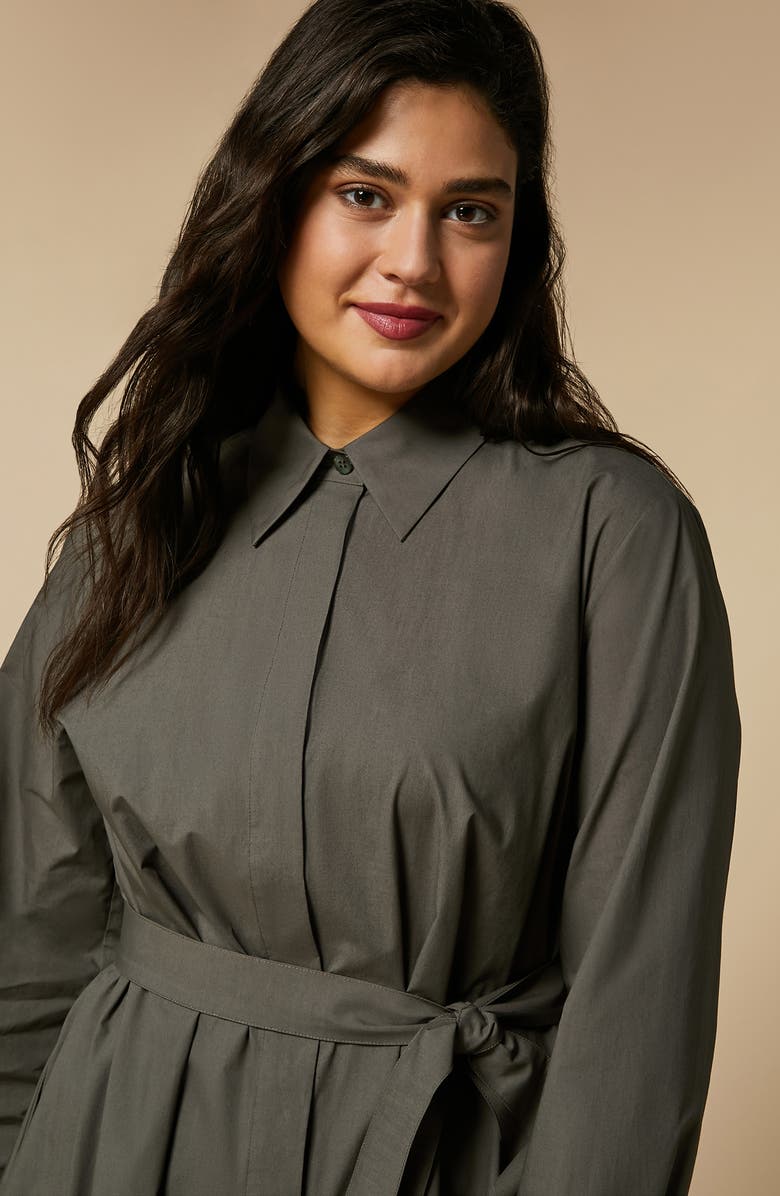 Marina Rinaldi Embroidered Belted Long Sleeve Cotton Poplin Shirtdress, Alternate, color, Khaki
