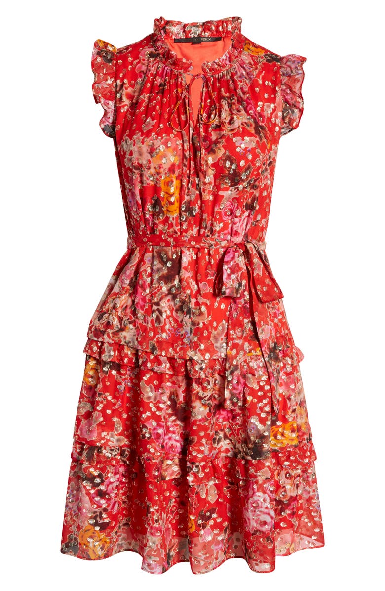 KOBI HALPERIN Brook Metallic Tie Waist Tiered Silk Blend Dress, Alternate, color, Flame Orange Multi