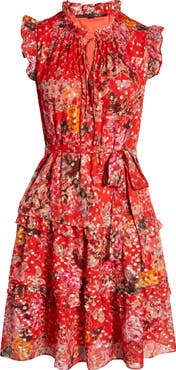 KOBI HALPERIN Brook Metallic Tie Waist Tiered Silk Blend Dress