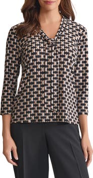 KASPER Geo Print Tie Neck Top