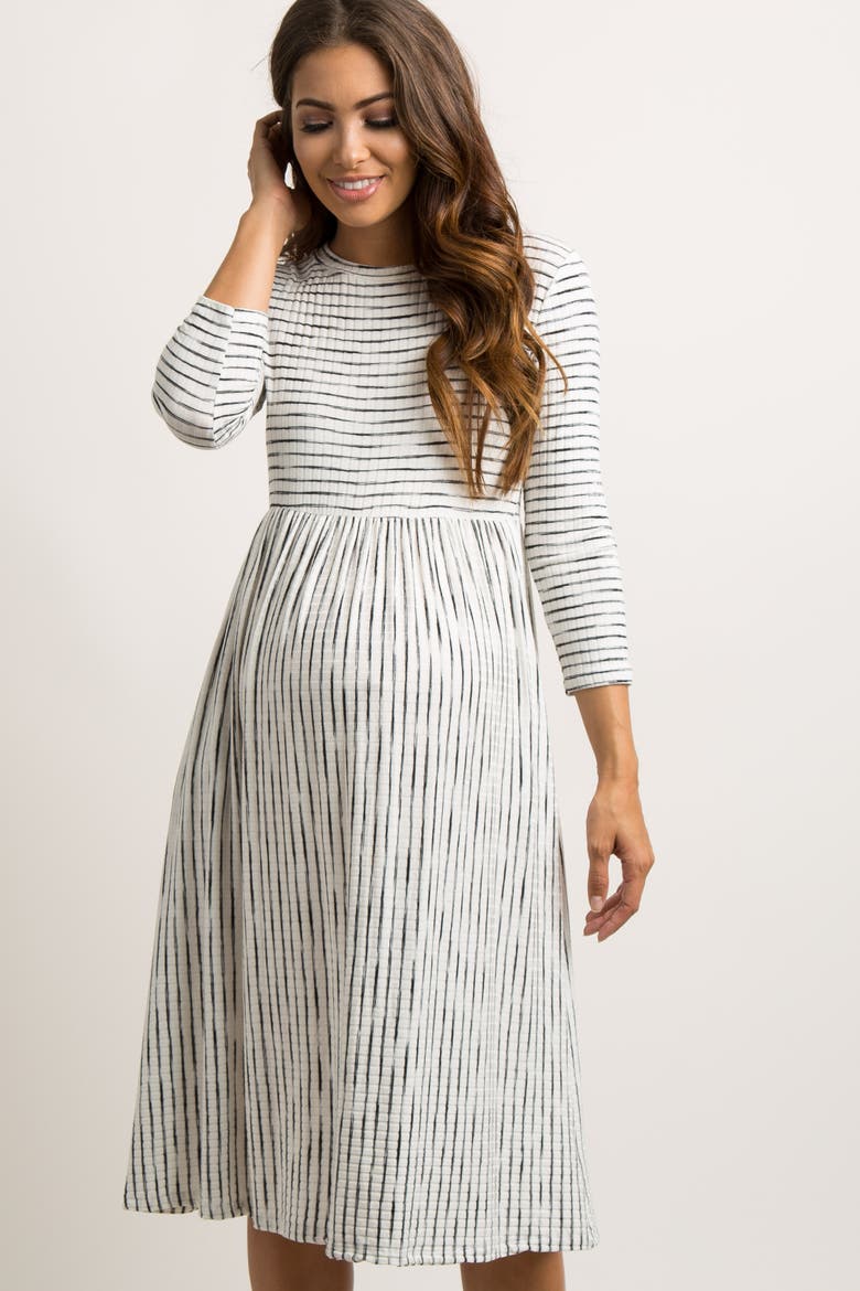 Ribbed Striped Pleated Midi Dress, Alternate, color, Ivory