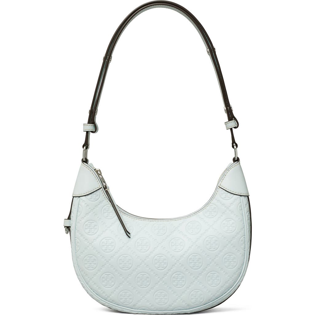 Tory Burch T-monogram Embossed Crescent Shoulder Bag In Ice Blue