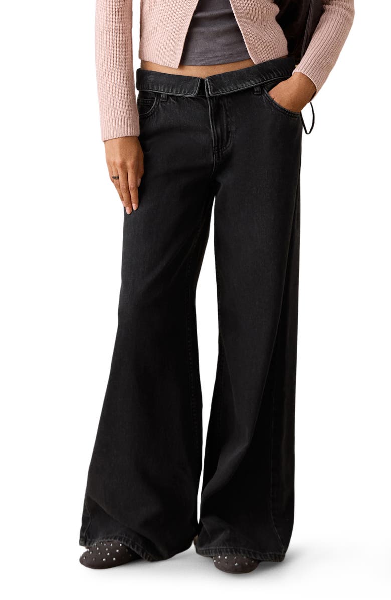 MANGO TEEN Foldover Low Rise Wide Leg Jeans, Main, color, Black Denim