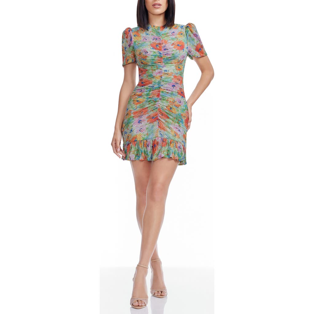 DRESS THE POPULATION DRESS THE POPULATION CHANDLER FLORAL PRINT METALLIC RUCHED MINIDRESS